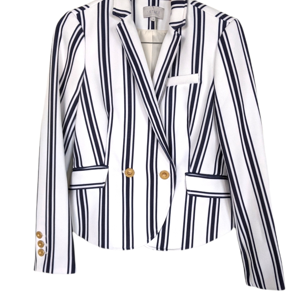 1.STATE / WHITE AND NAVY BLUE PINSTRIPE BLAZER / SIZE S